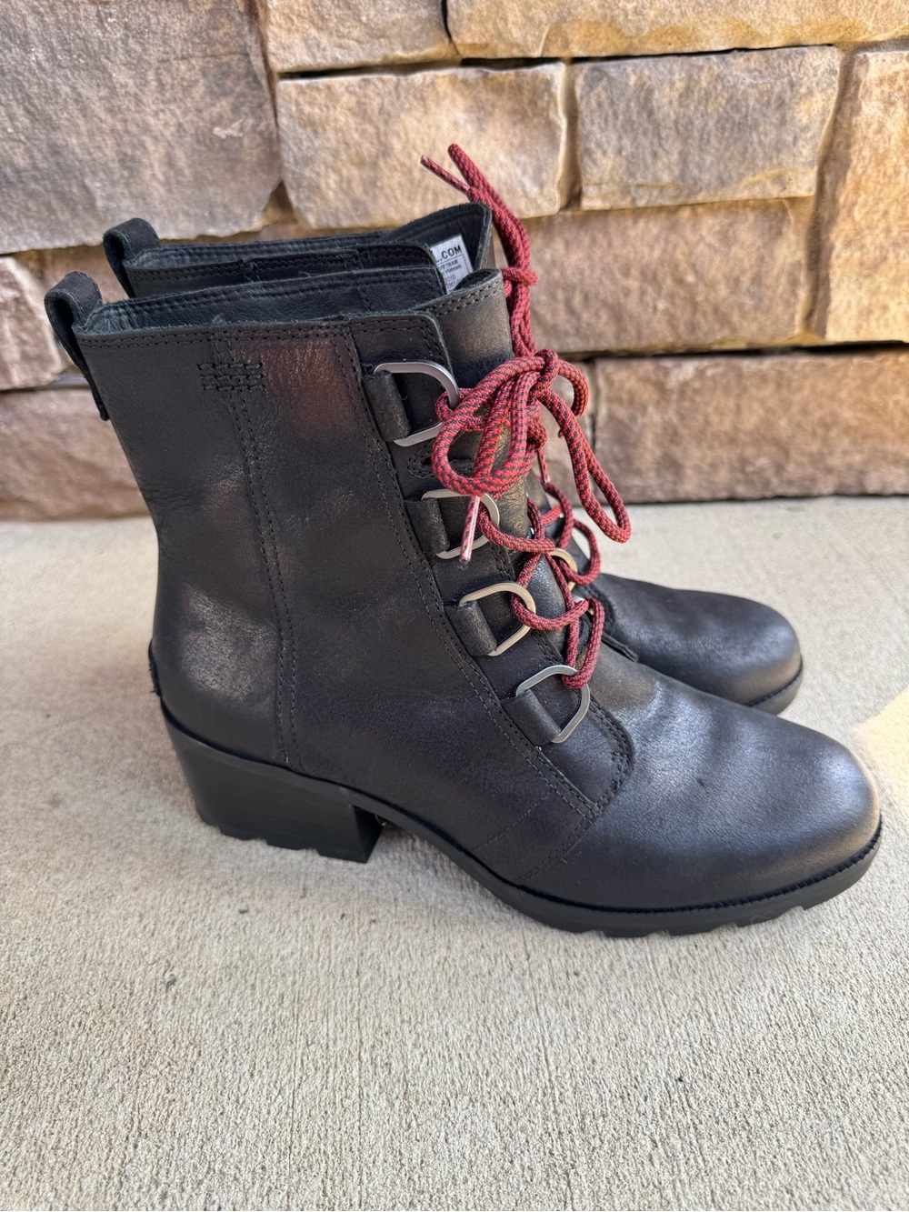 Sorel Cate Lace Ankle Block Heel Boots Black Leather Lace-Up Utility Moto Gorp - Picture 1 of 11